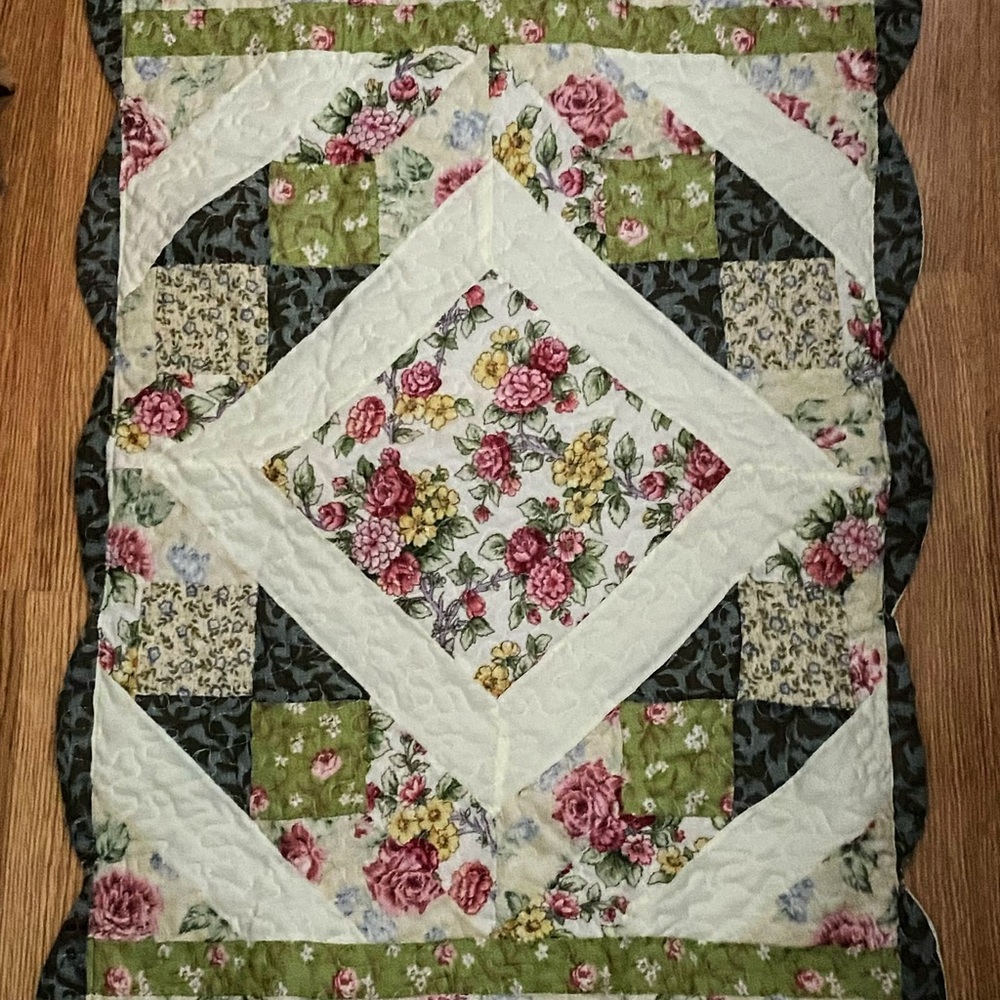 Two Vintage King Size Floral Patchwork Quilted Shams - Green and Cream